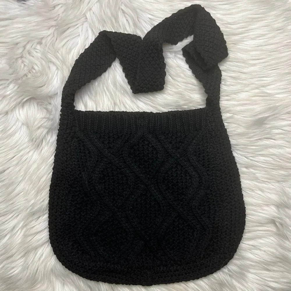 Crochet Knit Hobo Shoulder Bag Black